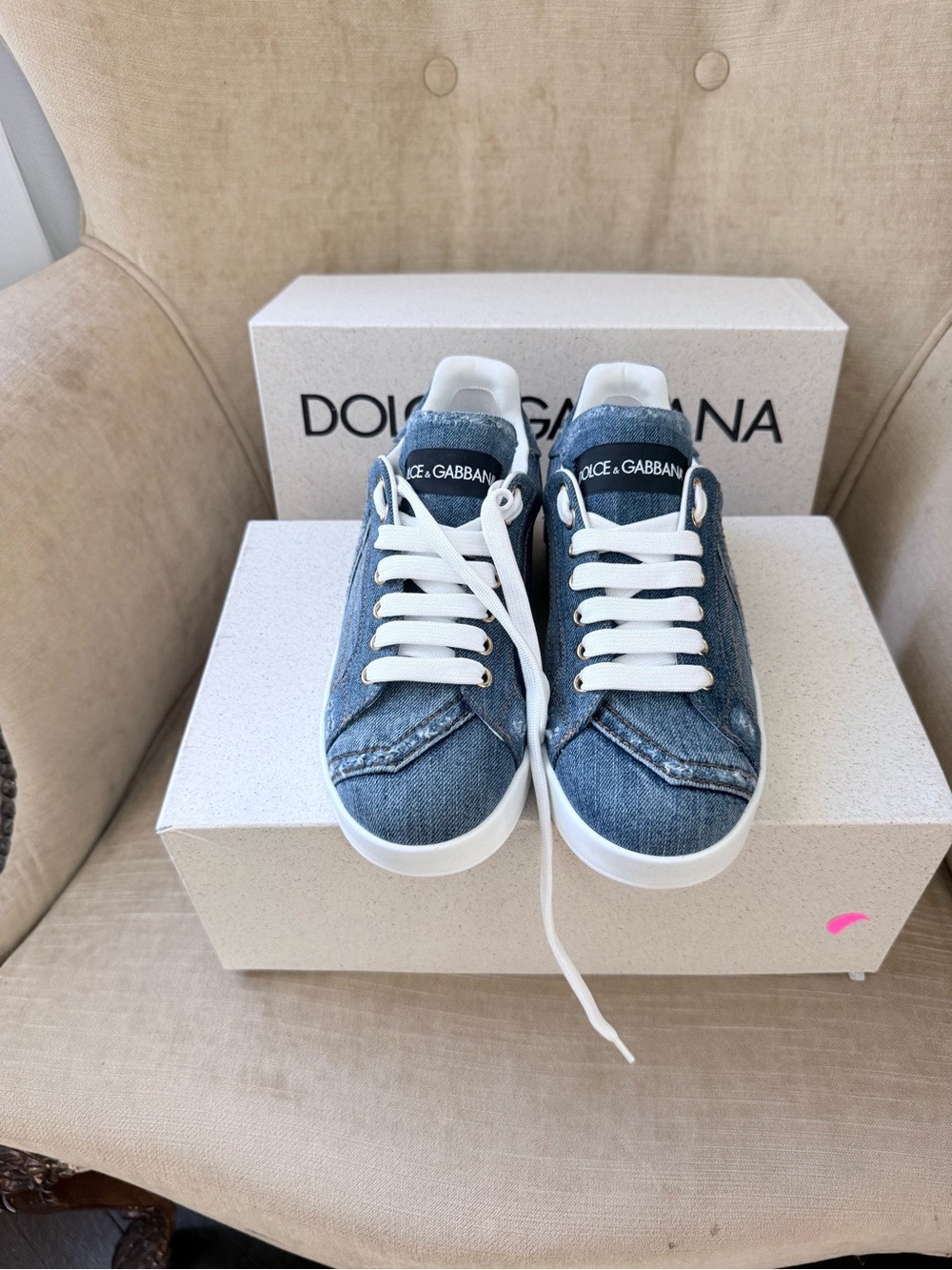 Dolce & Gabbana Kids Denim Lace-Up Sneakers in Blue and White